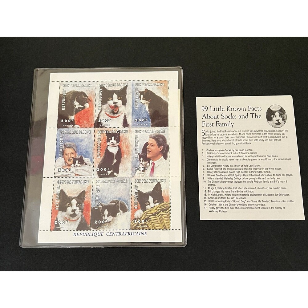 Central African Republic 1996 Socks The Cat of Bill Clinton MNH w/COA & Leaflet